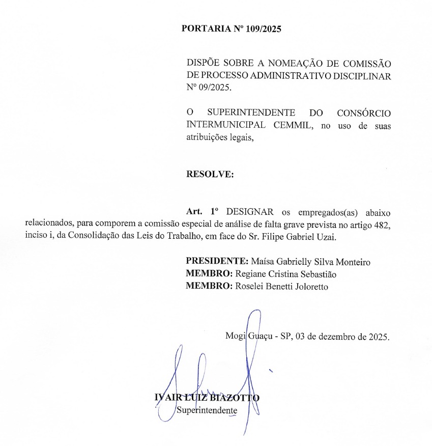 Foto do documento oficial da portaria n. 109/2025